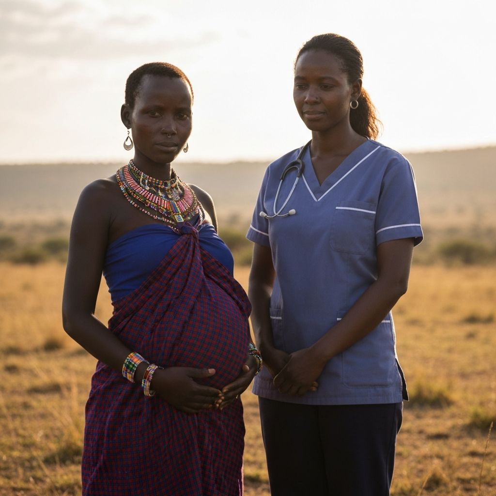 A pregnant Maasai woman with a healthcare worker in rural Kenya